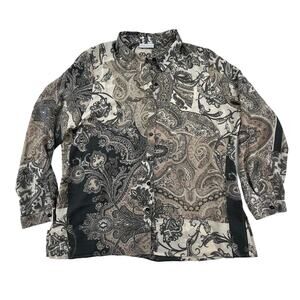 JALISSA | Susan Graver Plus Size 16 Button Down Black Brown Tan Paisley Blouse